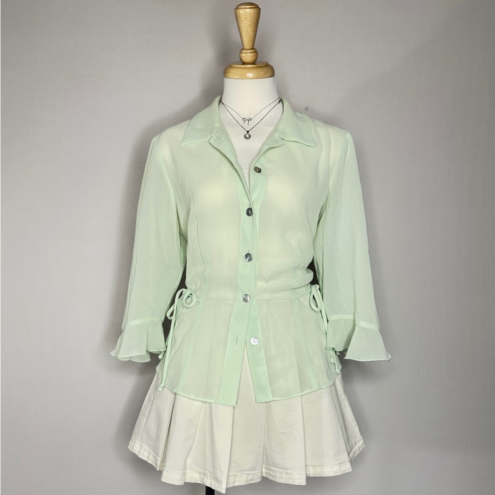 Mint Green Sheer Flared Sleeves Blouse